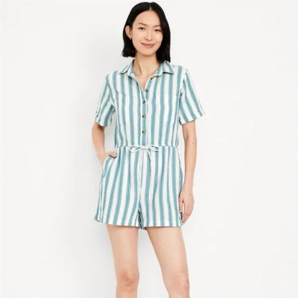 NWT Old Navy Striped Teal and White Short-Sleeved Tie-Waist Romper, Size Large